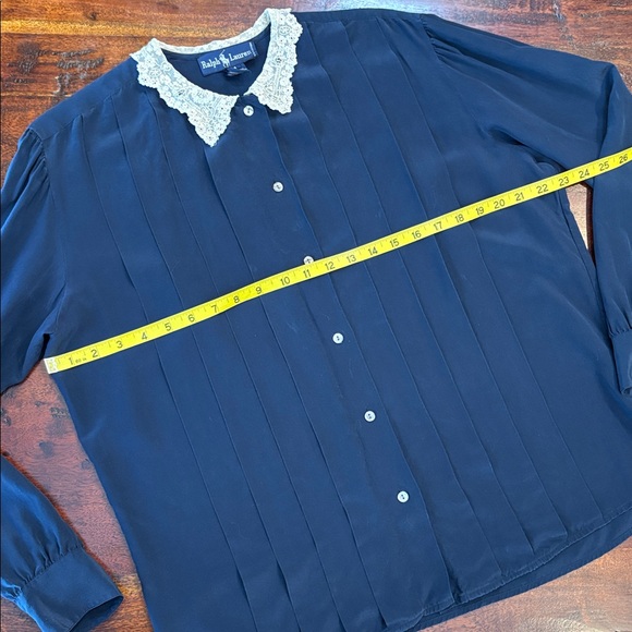 Vintage Ralph Lauren Navy Pleated Button Down Shirt with Lace Collar - Picture 12 of 13